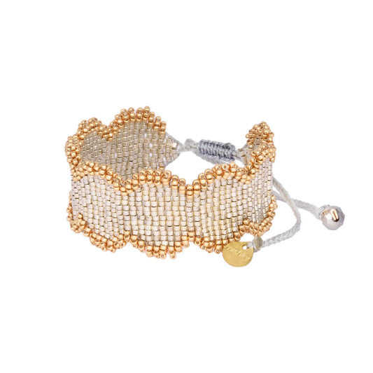 silver and gold beaded adjustable bracelet with scalloped edge 