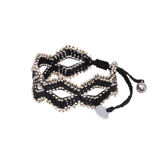 black and silver beaded bracelet in diamond shape with adjustable fastening