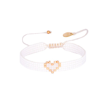 white beaded adjustable bracelet with gold central heart 