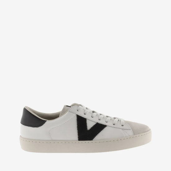 faux leather white trainers with suede toe and black v and back