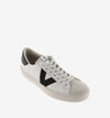 faux leather white trainers with suede toe and black v and back