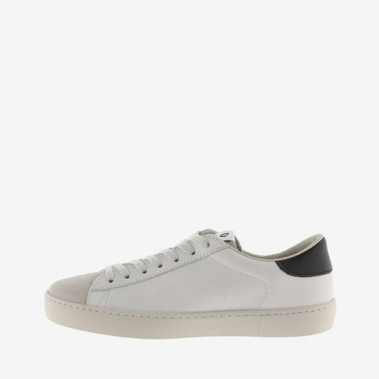 faux leather white trainers with suede toe and black v and back side view