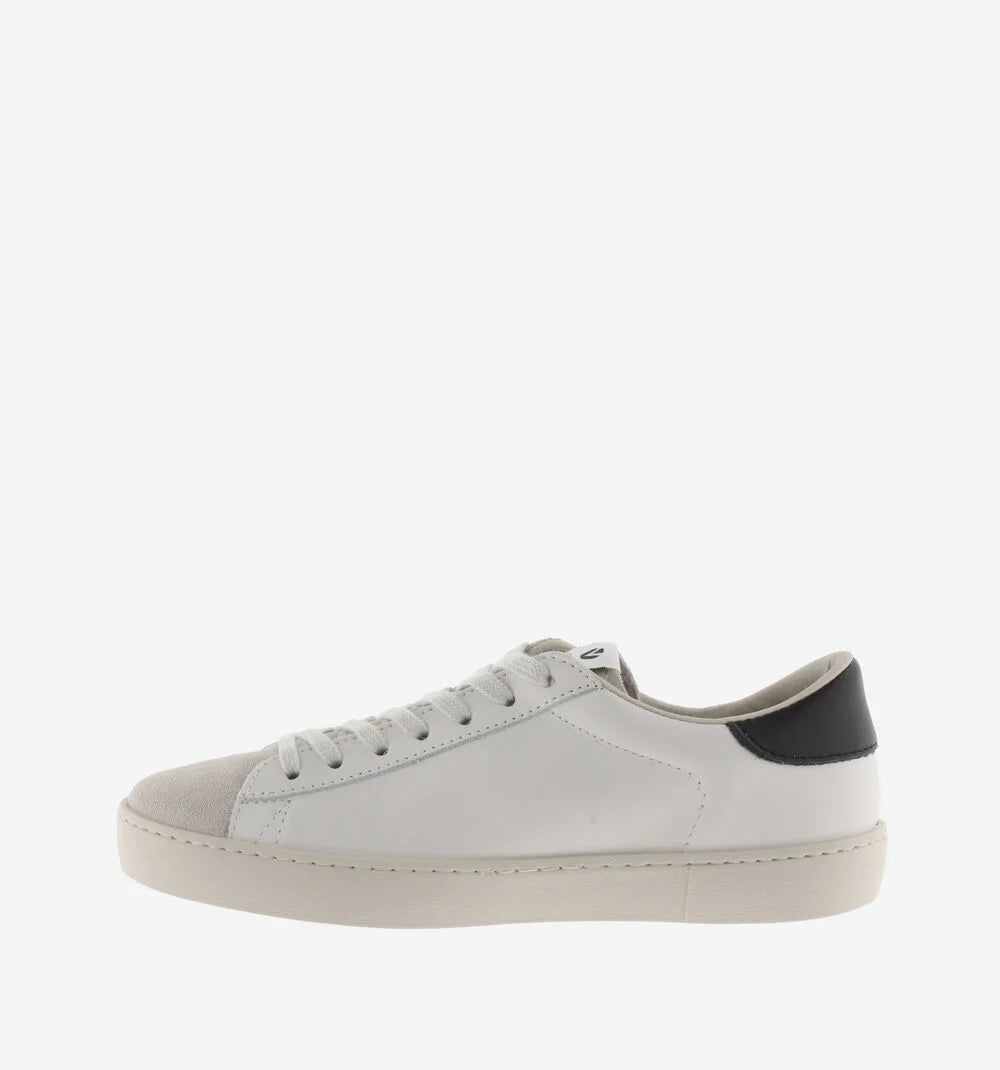 faux leather white trainers with suede toe and black v and back side view