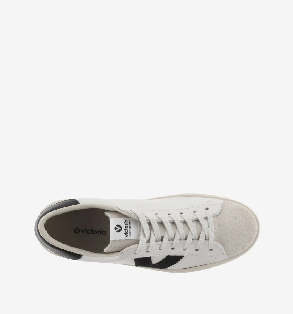 faux leather white trainers with suede toe and black v and back birds eye view