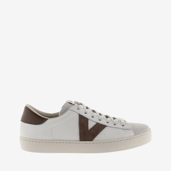 white faux leather trainers with suede top and chocolate brown v and back