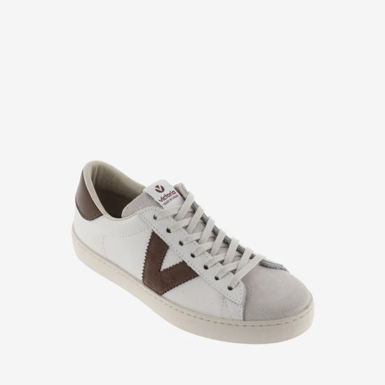 white faux leather trainers with suede top and chocolate brown v and back