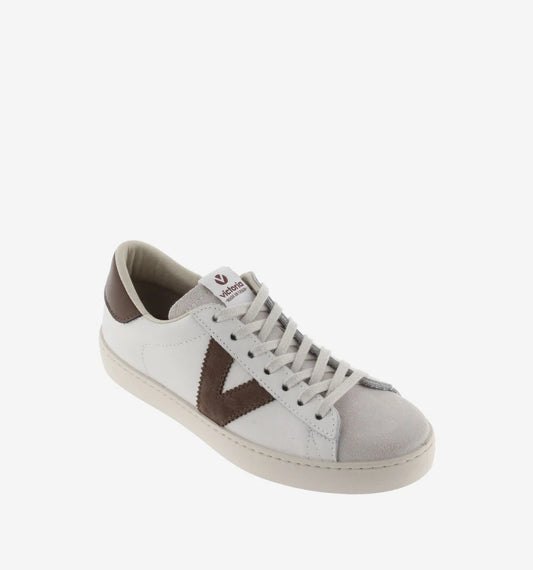 white faux leather trainers with suede top and chocolate brown v and back