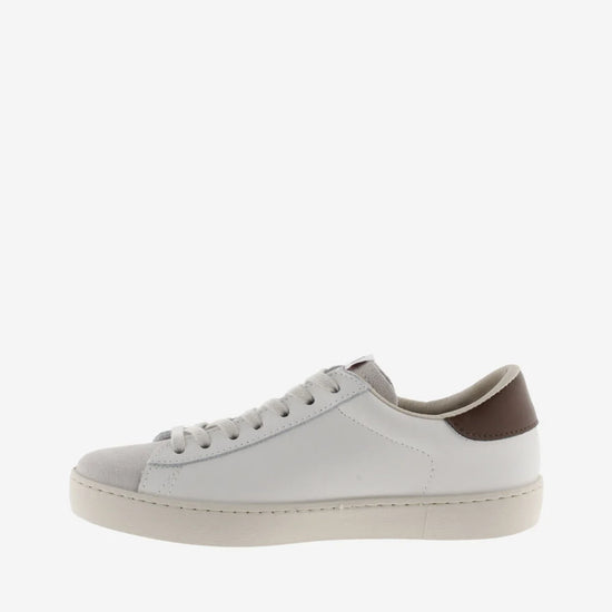 white faux leather trainers with suede top and chocolate brown v and back side view