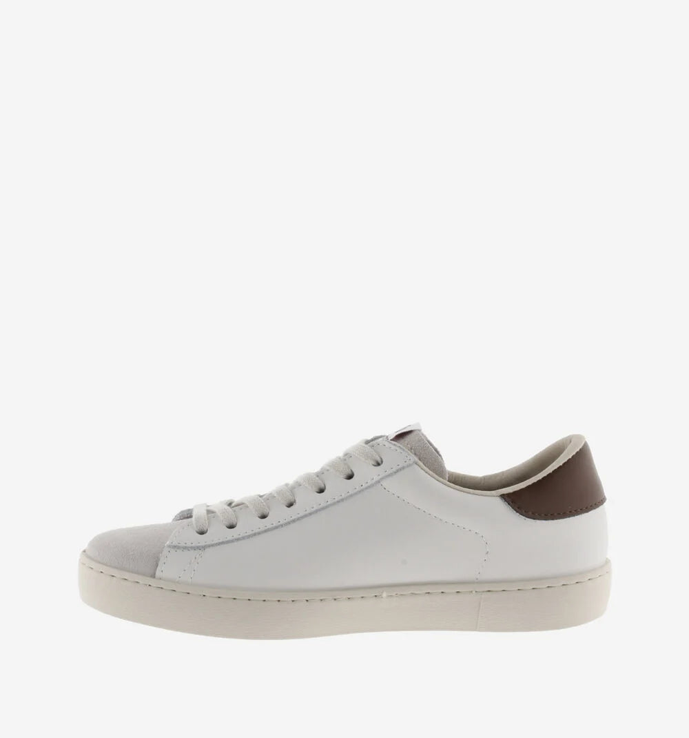 white faux leather trainers with suede top and chocolate brown v and back side view