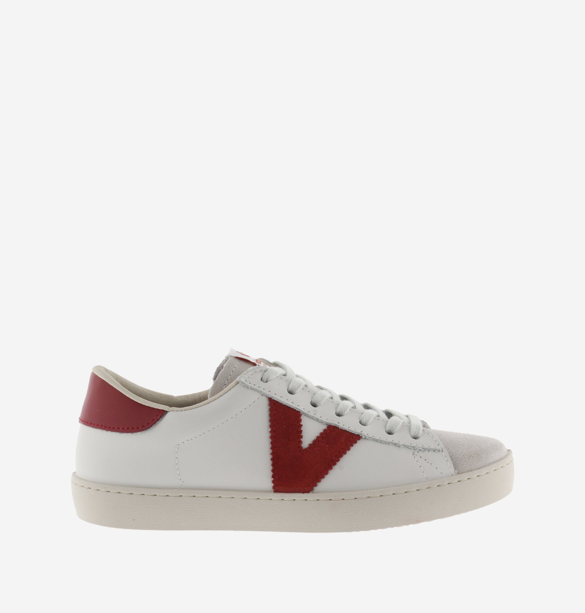 faux leather trainers with sueded toe and red V  side view