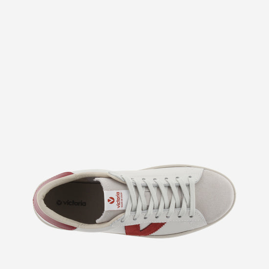 faux leather trainers with sueded toe and red V birds eye view