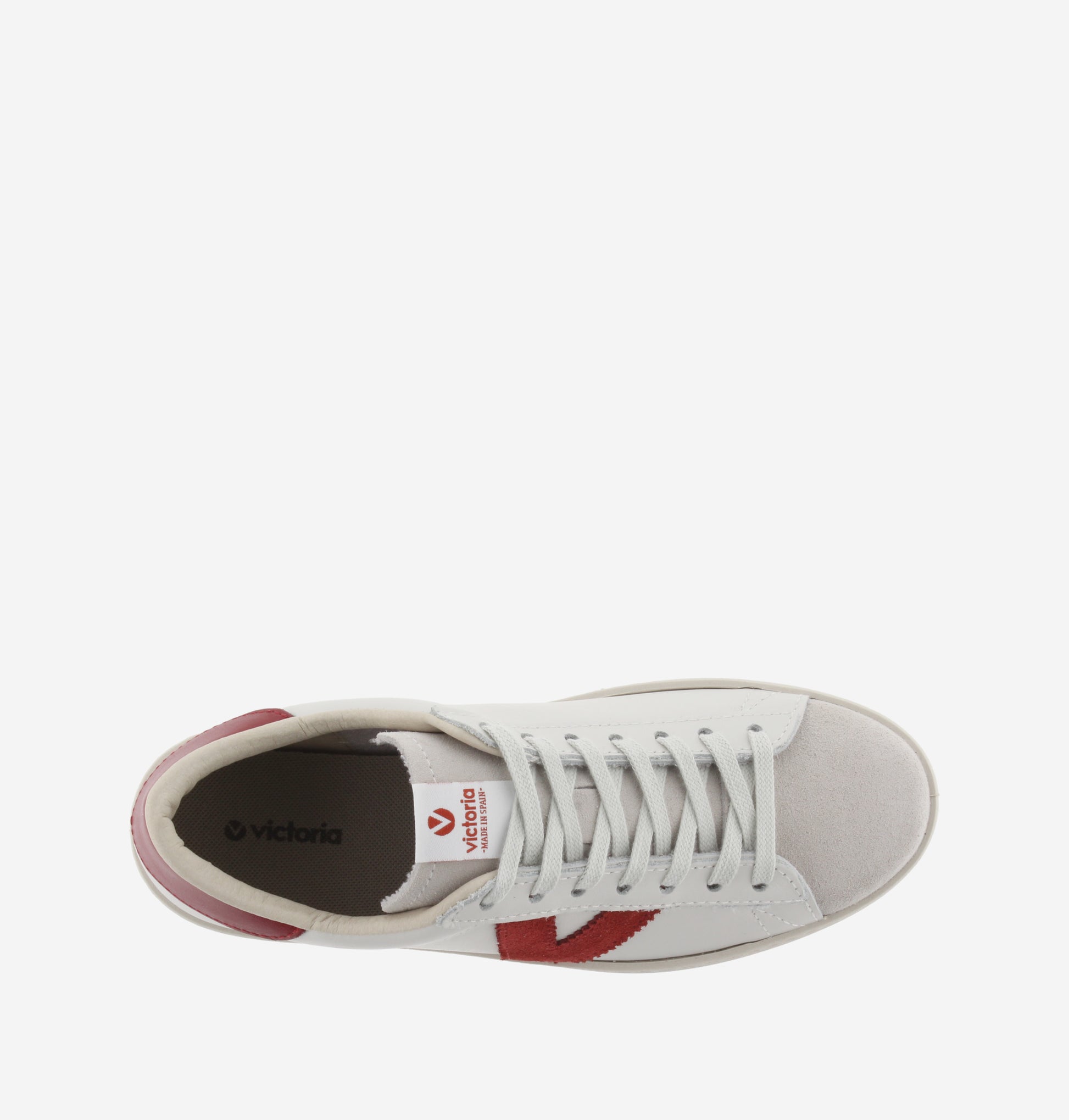 faux leather trainers with sueded toe and red V birds eye view