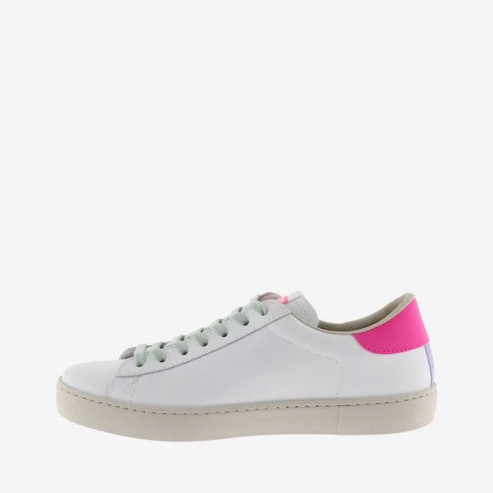 White faux leather trainer with green laces and contrast pink heel tab and suede blue V on outer side