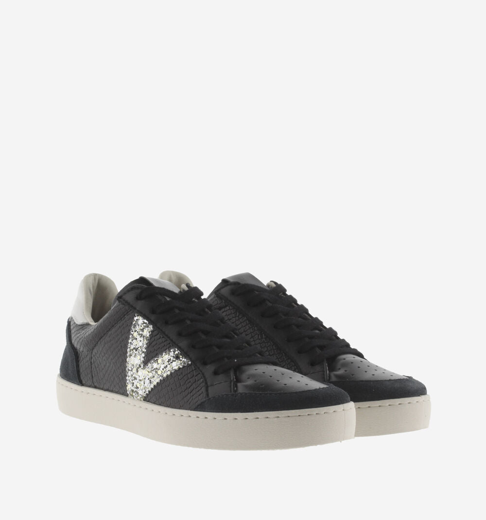 Black leather and suede trainer with glittery V on outer side with rubber sole