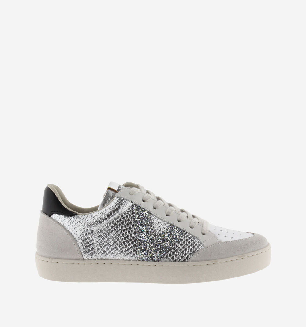 Silver and white trainers with glitter V on outer side
