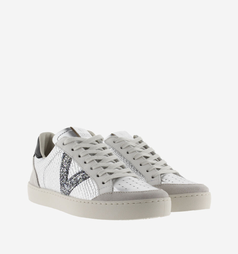 Silver and white trainers with glitter V on outer side