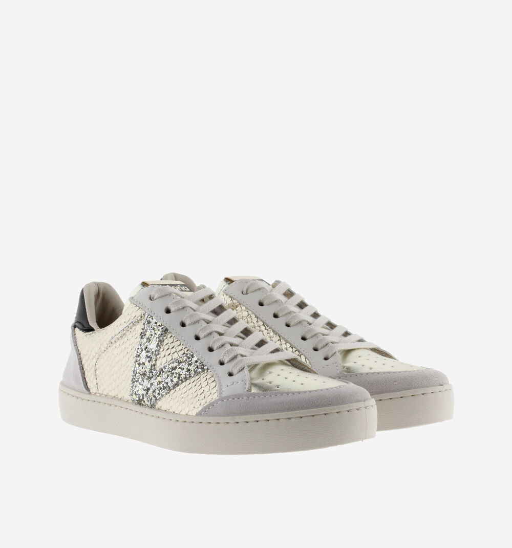Gold and white leather trainers with glitter V on the outer edge