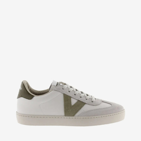 faux leather trainers with suede toe and olive green v