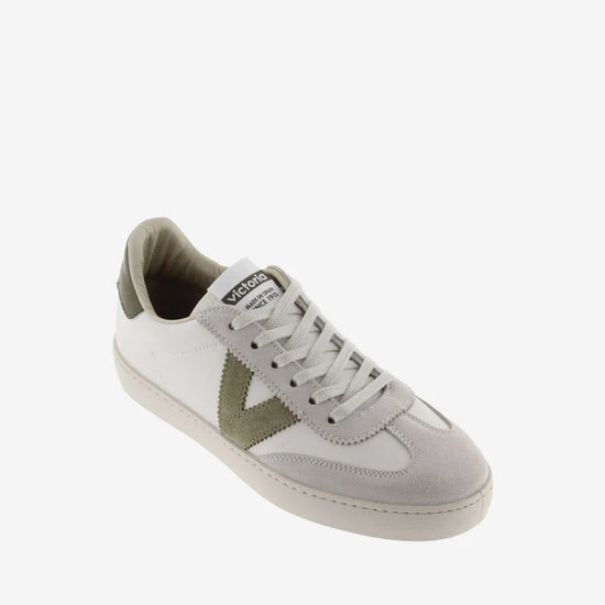 faux leather trainers with suede toe and olive green v