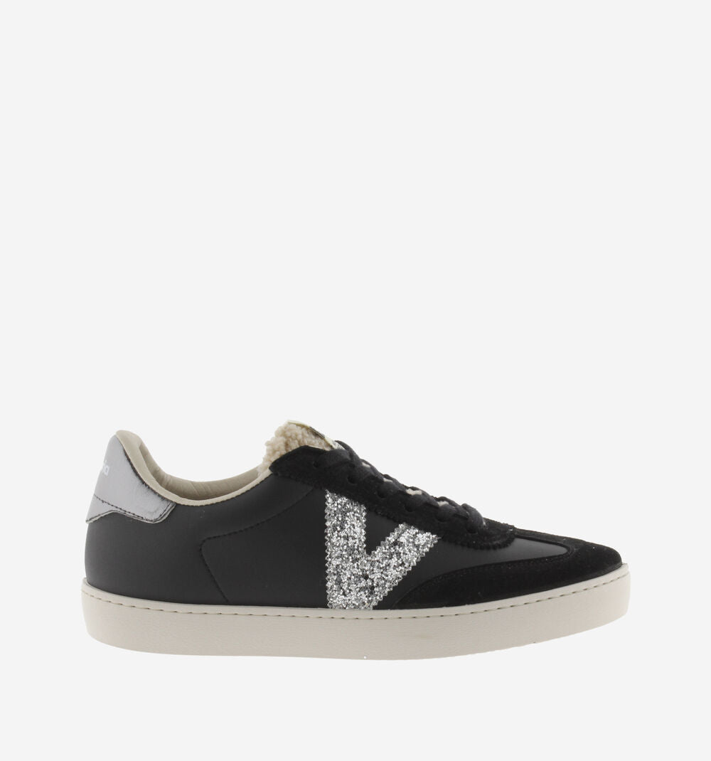 Black trainers with sparkly v and shearling 