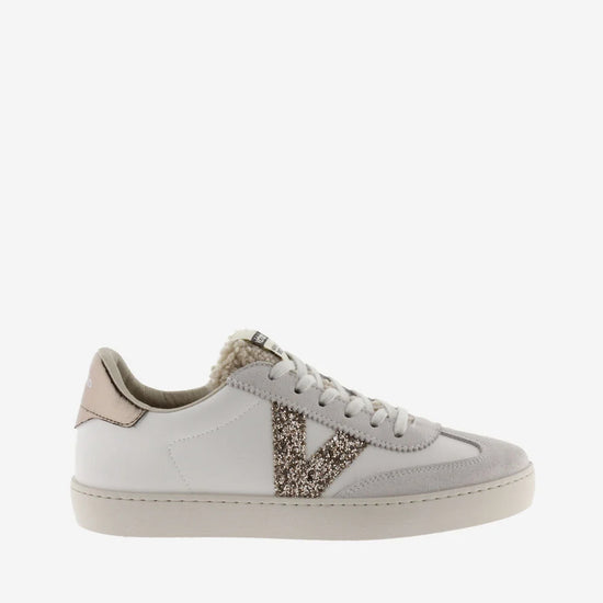 faux leather trainers with glitter v and metallic back with suede toe