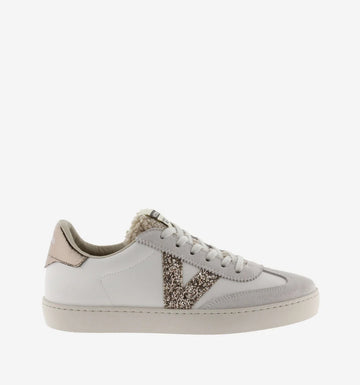 faux leather trainers with glitter v and metallic back with suede toe