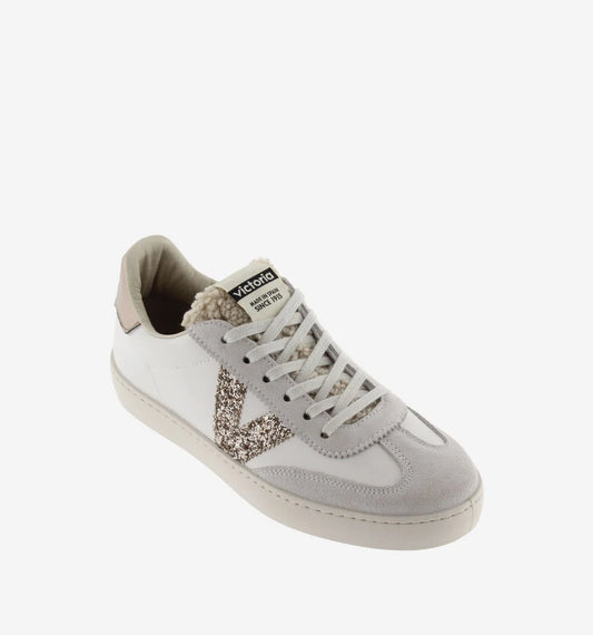 faux leather trainers with glitter v and metallic back with suede toe