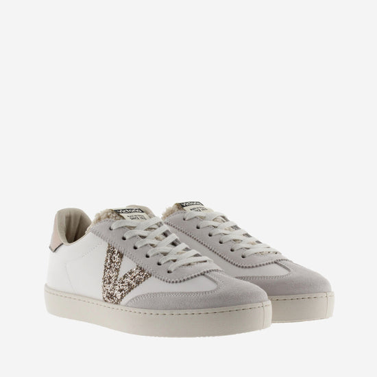 faux leather trainers with glitter v and metallic back with suede toe