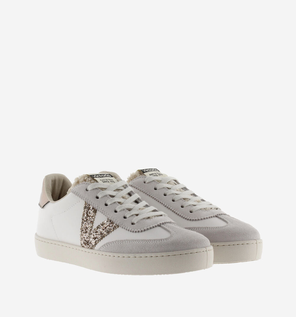 faux leather trainers with glitter v and metallic back with suede toe