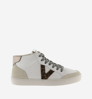 hi top white trainer with suede toe and heel animal Victoria V on outer edge and silver laces