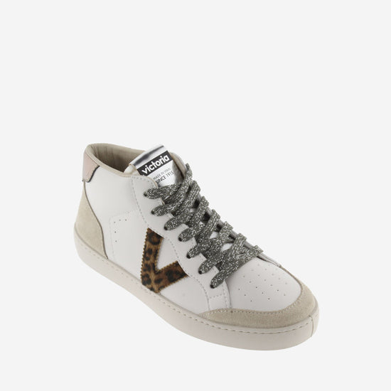 hi top white trainer with suede toe and heel animal Victoria V on outer edge and silver laces