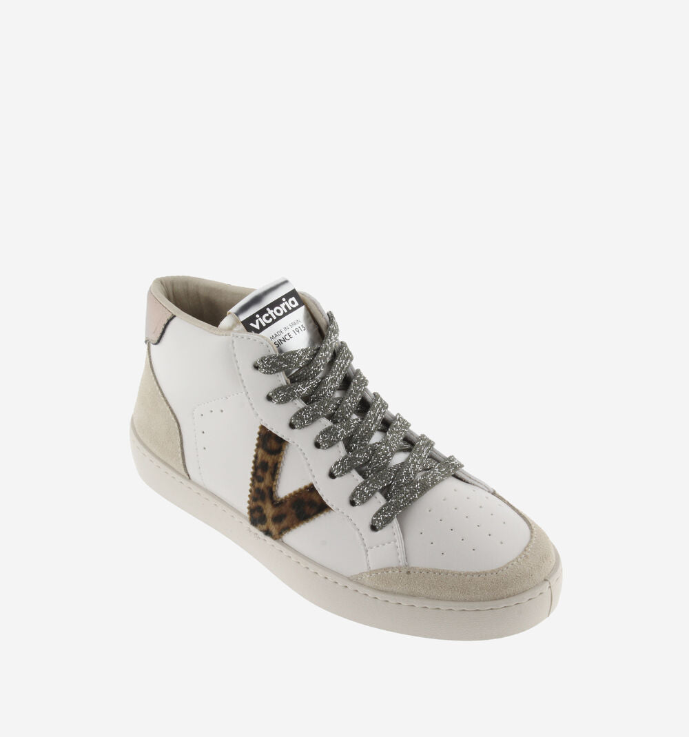 hi top white trainer with suede toe and heel animal Victoria V on outer edge and silver laces