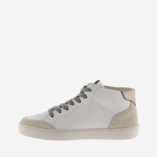 hi top white trainer with suede toe and heel animal Victoria V on outer edge and silver laces