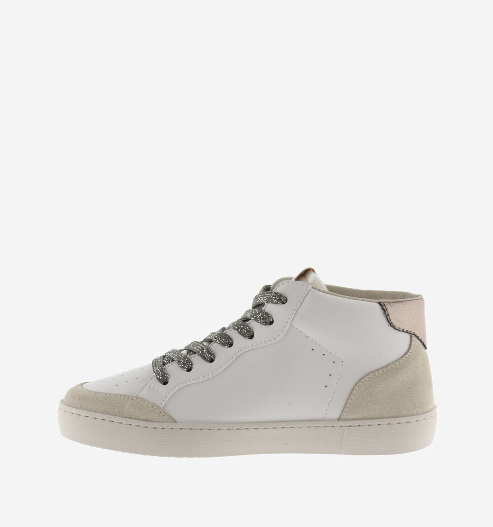 hi top white trainer with suede toe and heel animal Victoria V on outer edge and silver laces