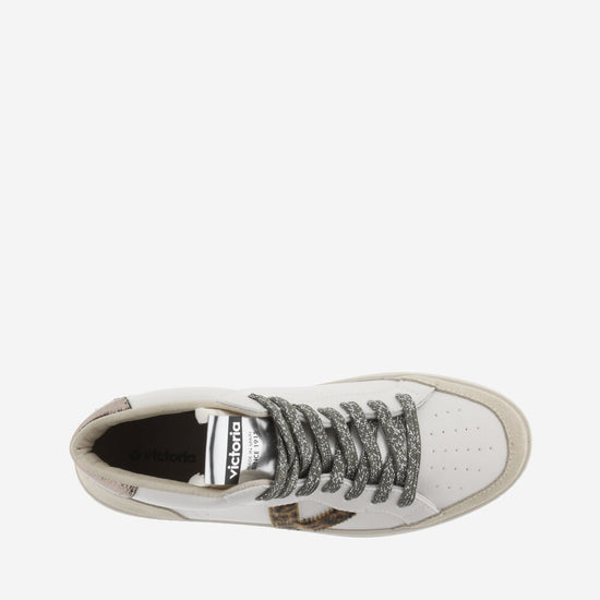 hi top white trainer with suede toe and heel animal Victoria V on outer edge and silver laces