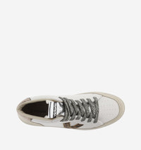 hi top white trainer with suede toe and heel animal Victoria V on outer edge and silver laces