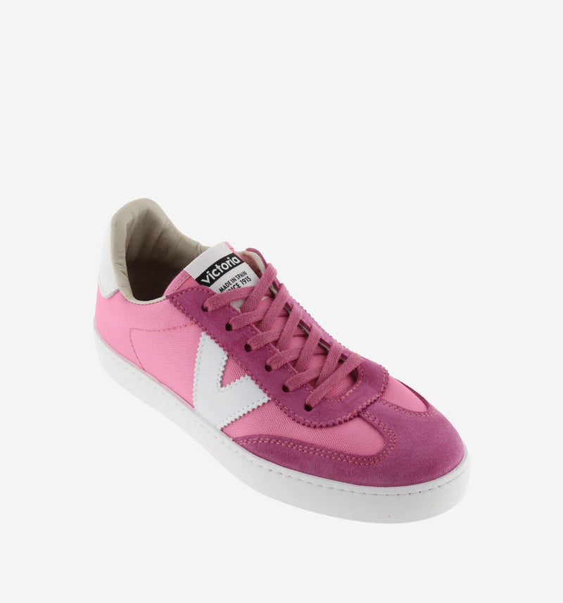 Pink nylon and suede trainers with white sole and leather V on the outside