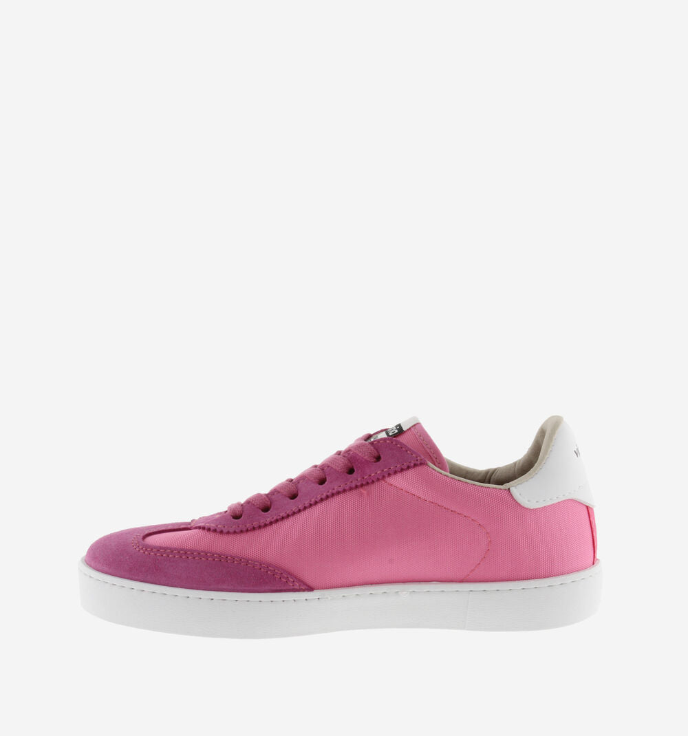 Pink nylon and suede trainers with white sole and leather V on the outside