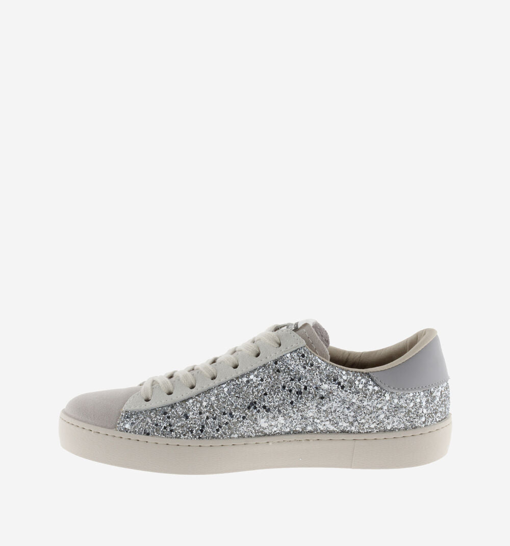 Glitter pumps with suede toe flat rubber sole and contrast white "V" on the outer side and heel tab