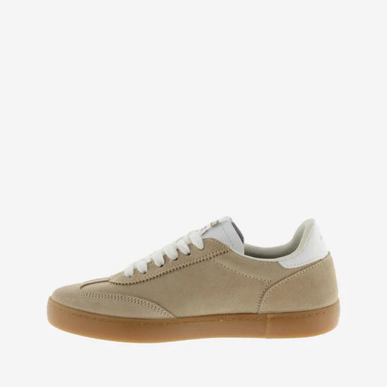 beige suede trainers with white v  side