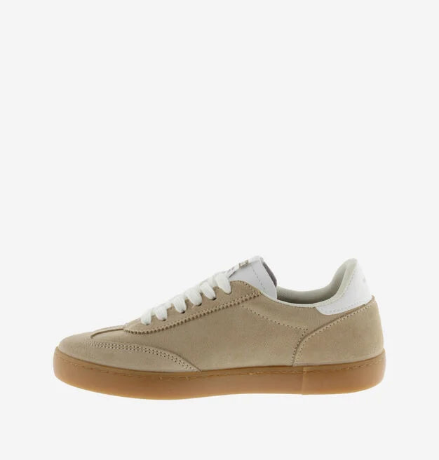 beige suede trainers with white v  side