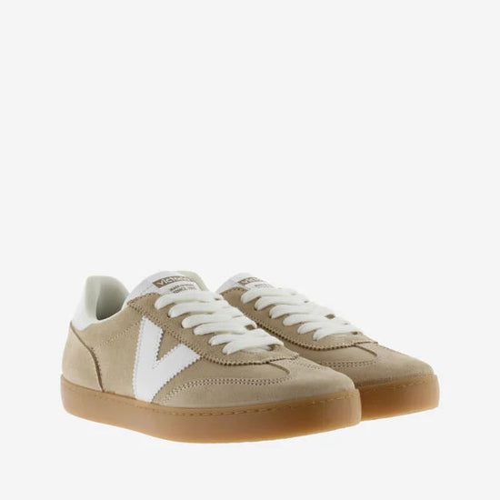 beige suede trainers with white v  front view