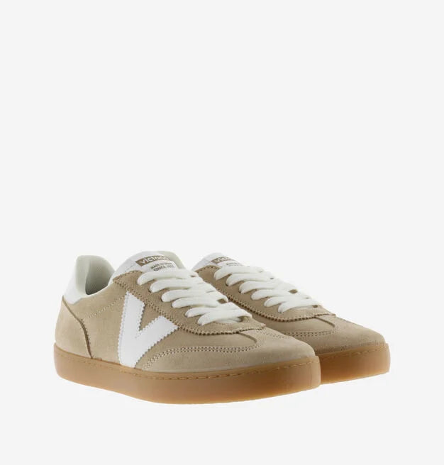 beige suede trainers with white v  front view