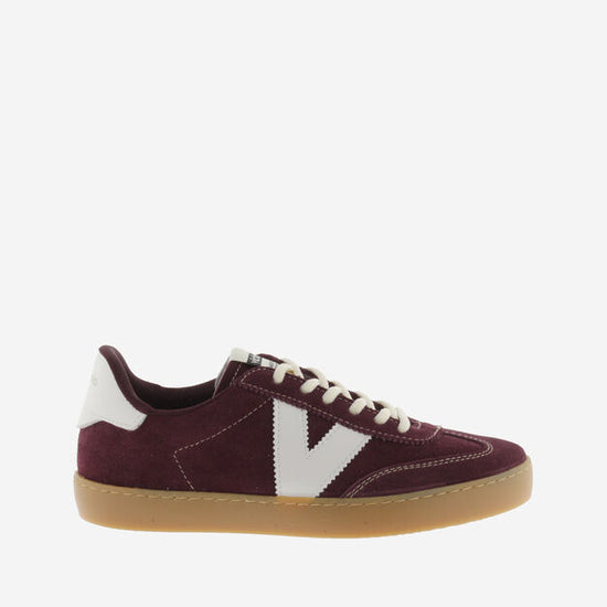 burgundy trainers with white v and rear with white laces 