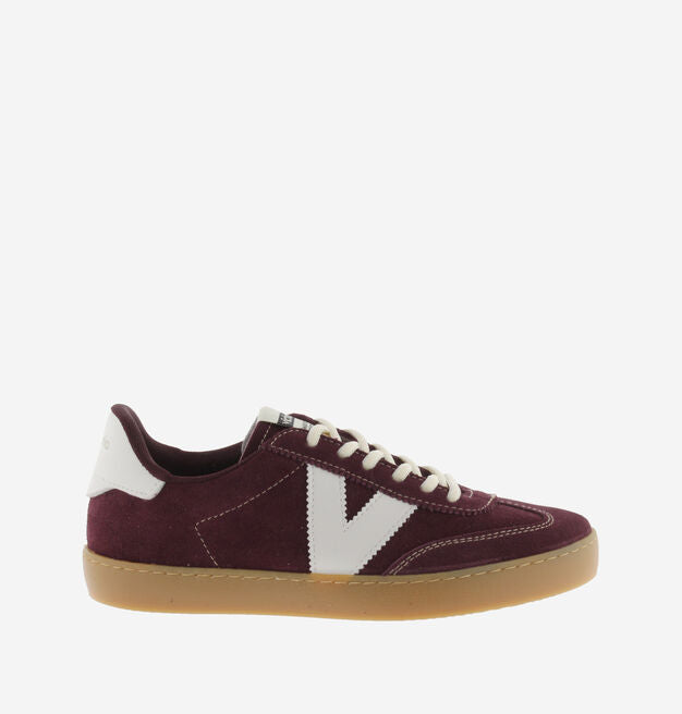 burgundy trainers with white v and rear with white laces 