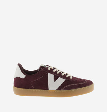 burgundy trainers with white v and rear with white laces 