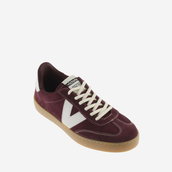 burgundy trainers with white v and rear with white laces  birds eye view 