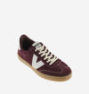 burgundy trainers with white v and rear with white laces  birds eye view 