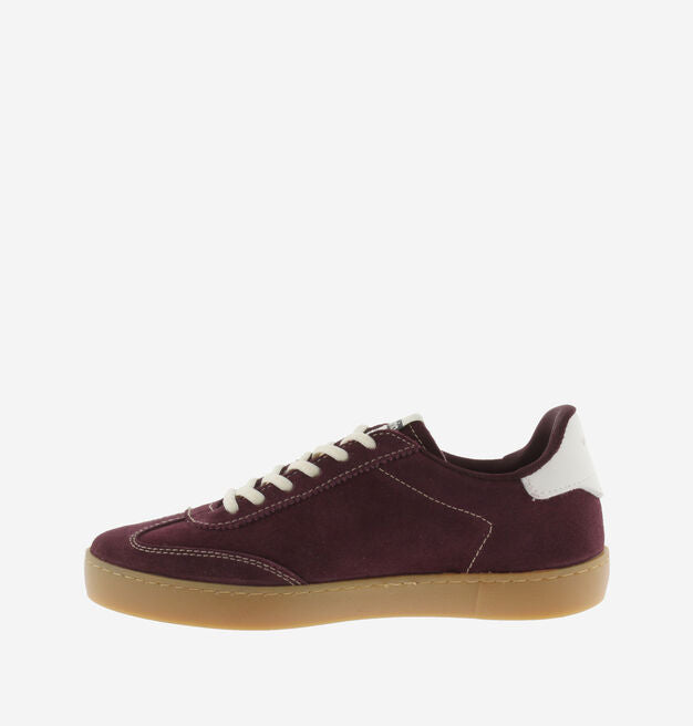 burgundy trainers with white v and rear with white laces  side view