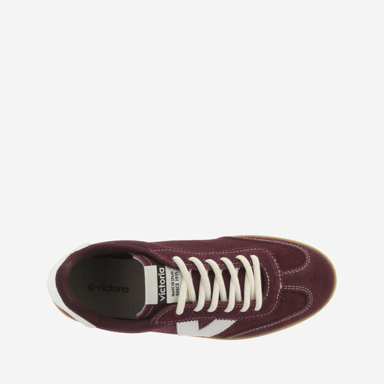 burgundy trainers with white v and rear with white laces birds eye view